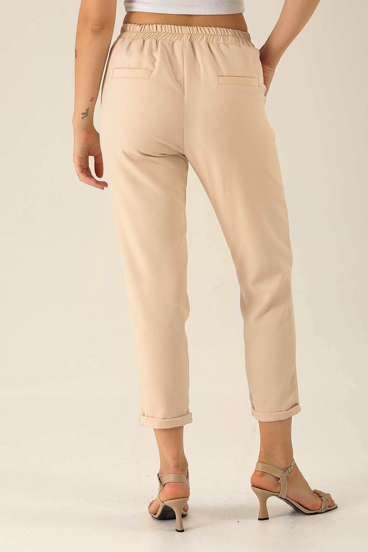 Tek Pile Yarım Lastik Bayan Pantolon - 6266A Taş
