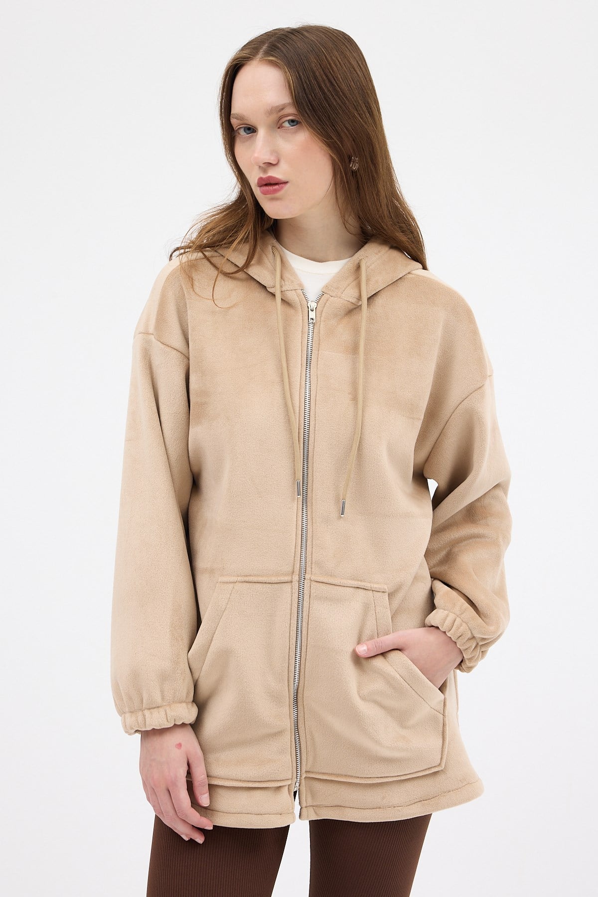 Vizon Peluş Fermuarlı Kapüşonlu Kadın Sweatshirt 3057A