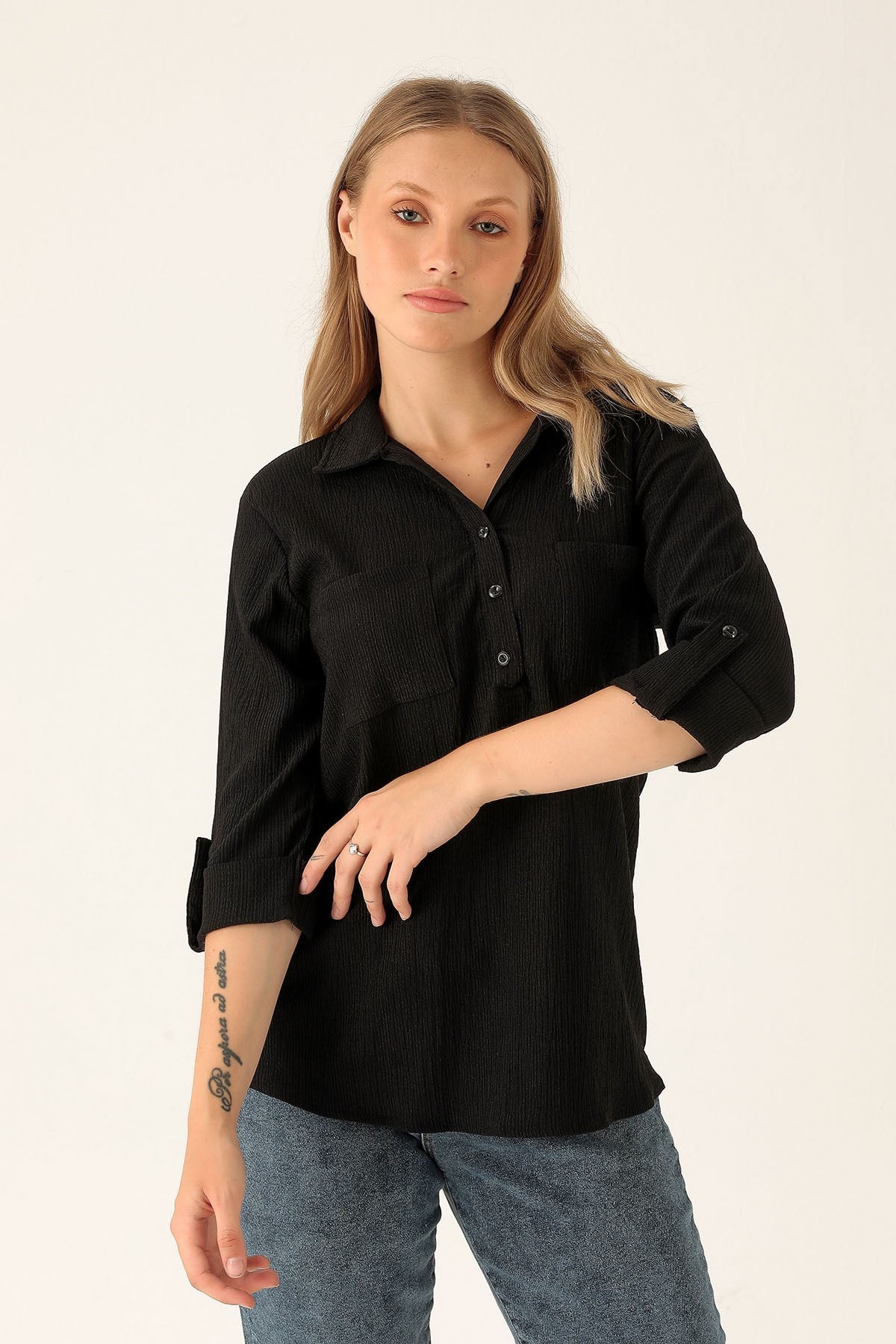 Yaka Düğmeli Bluz - 6597A Siyah