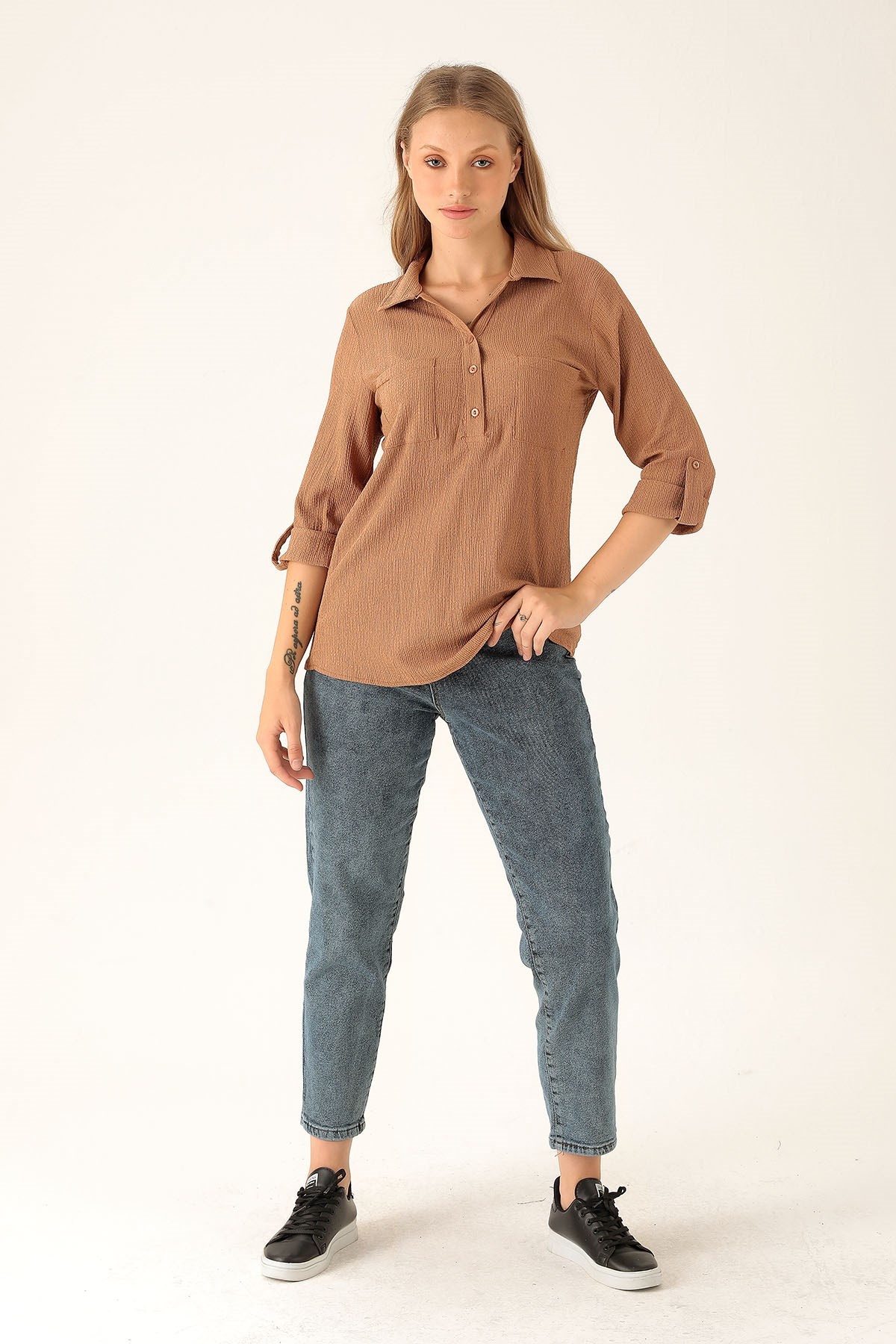 Yaka Düğmeli Bluz - 6597A Taba