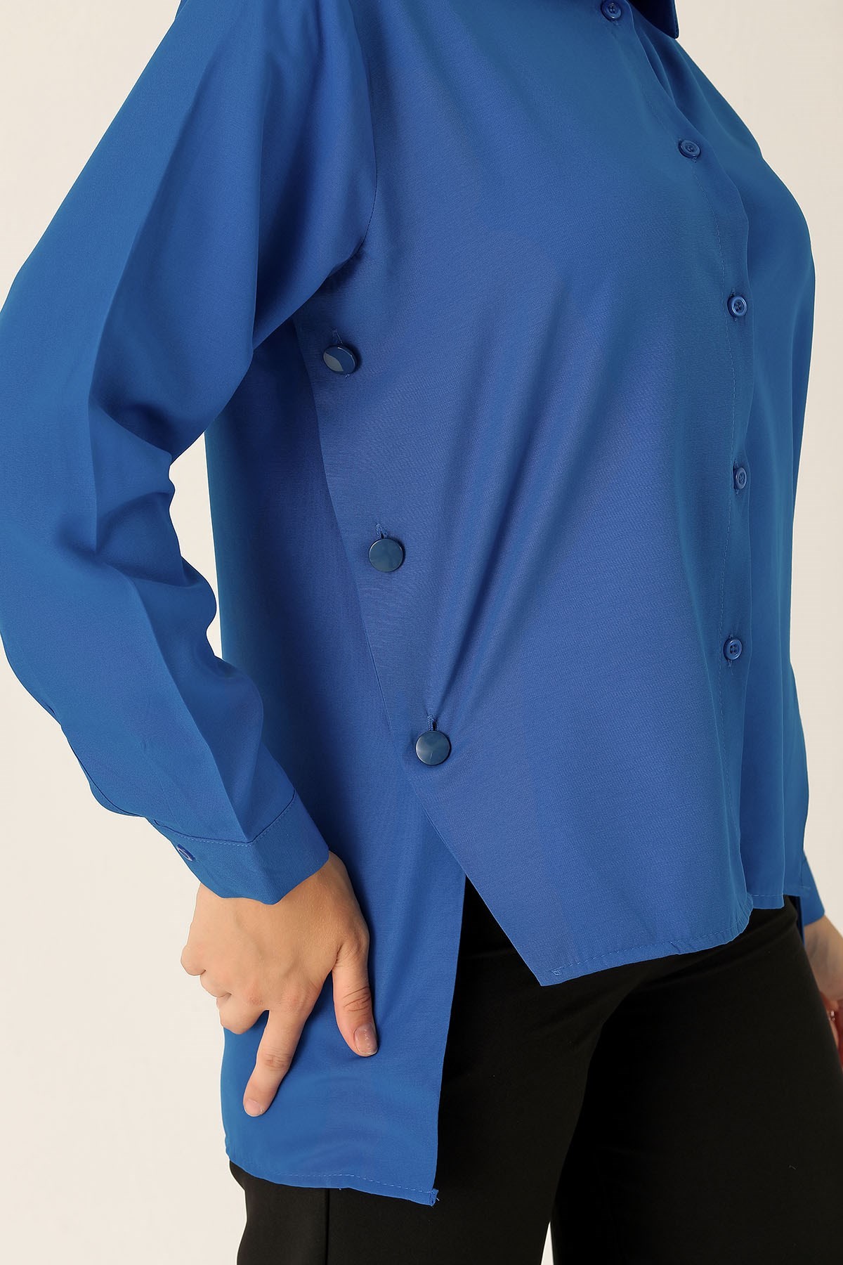 Yandan Çıtçıtlı Düğmeli Bayan Gömlek - 6508A Saks