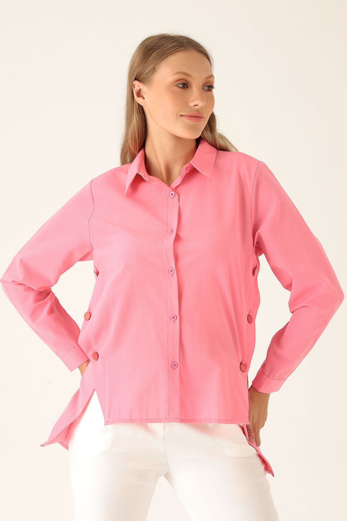 Yandan Çıtçıtlı Düğmeli Bayan Gömlek - 6508A Şeker Pembe