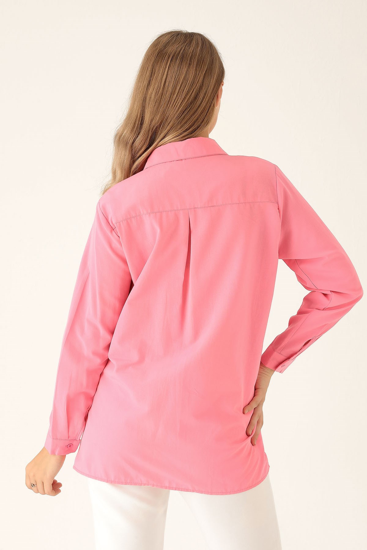 Yandan Çıtçıtlı Düğmeli Bayan Gömlek - 6508A Şeker Pembe