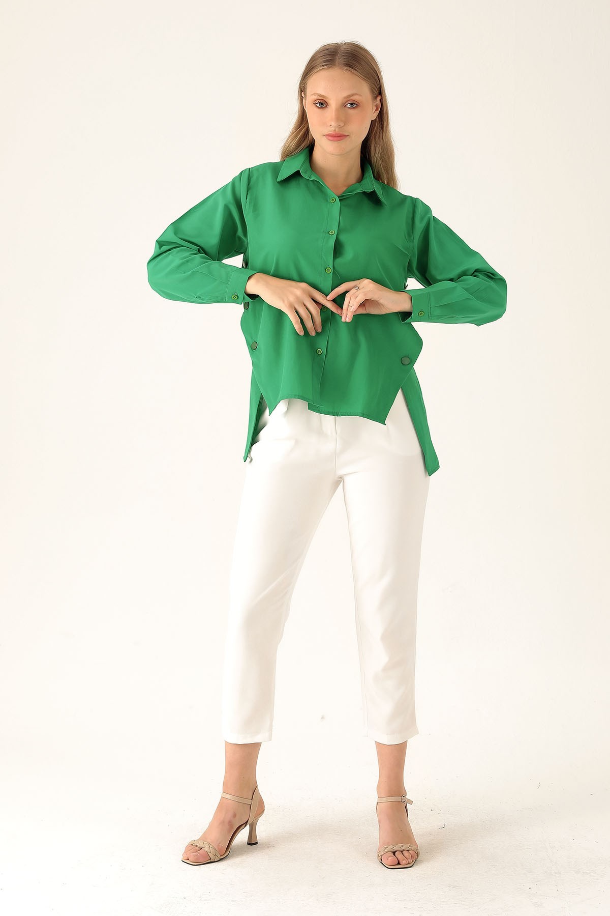 Yandan Çıtçıtlı Düğmeli Bayan Gömlek - 6508A Benetton Yeşili