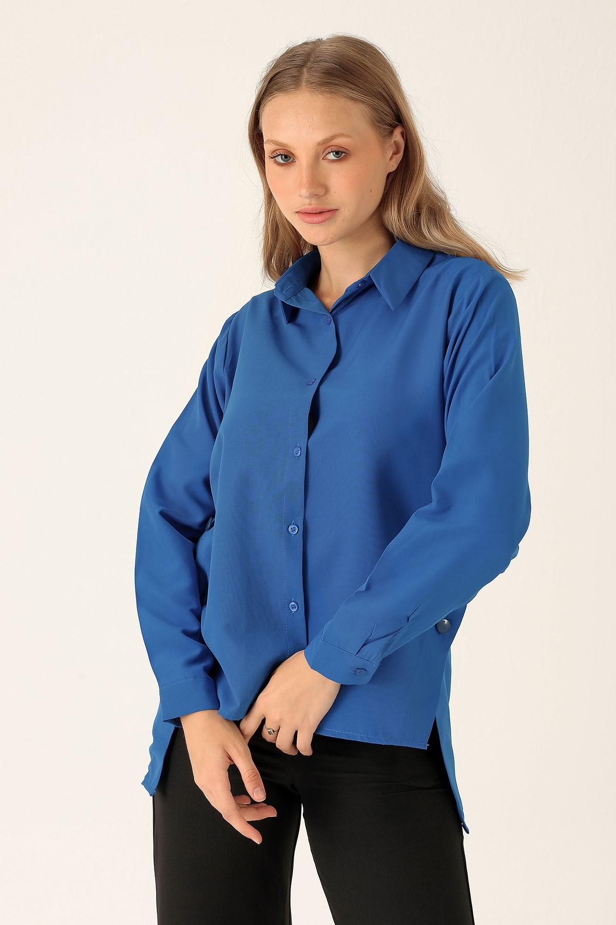 Yandan Çıtçıtlı Düğmeli Bayan Gömlek - 6508A Saks