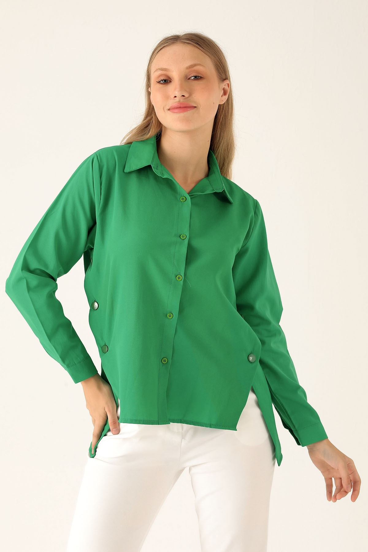 Yandan Çıtçıtlı Düğmeli Bayan Gömlek - 6508A Benetton Yeşili