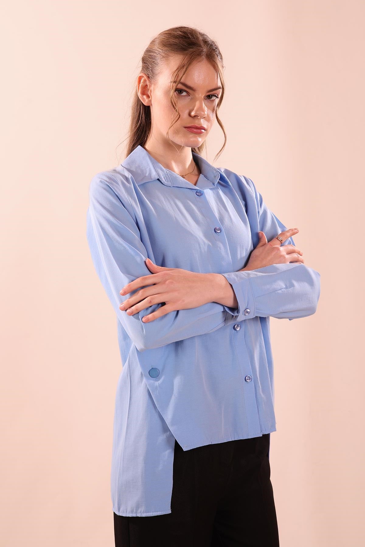 Yandan Çıtçıtlı Düğmeli Bayan Gömlek - 6508A Koyu Mavi