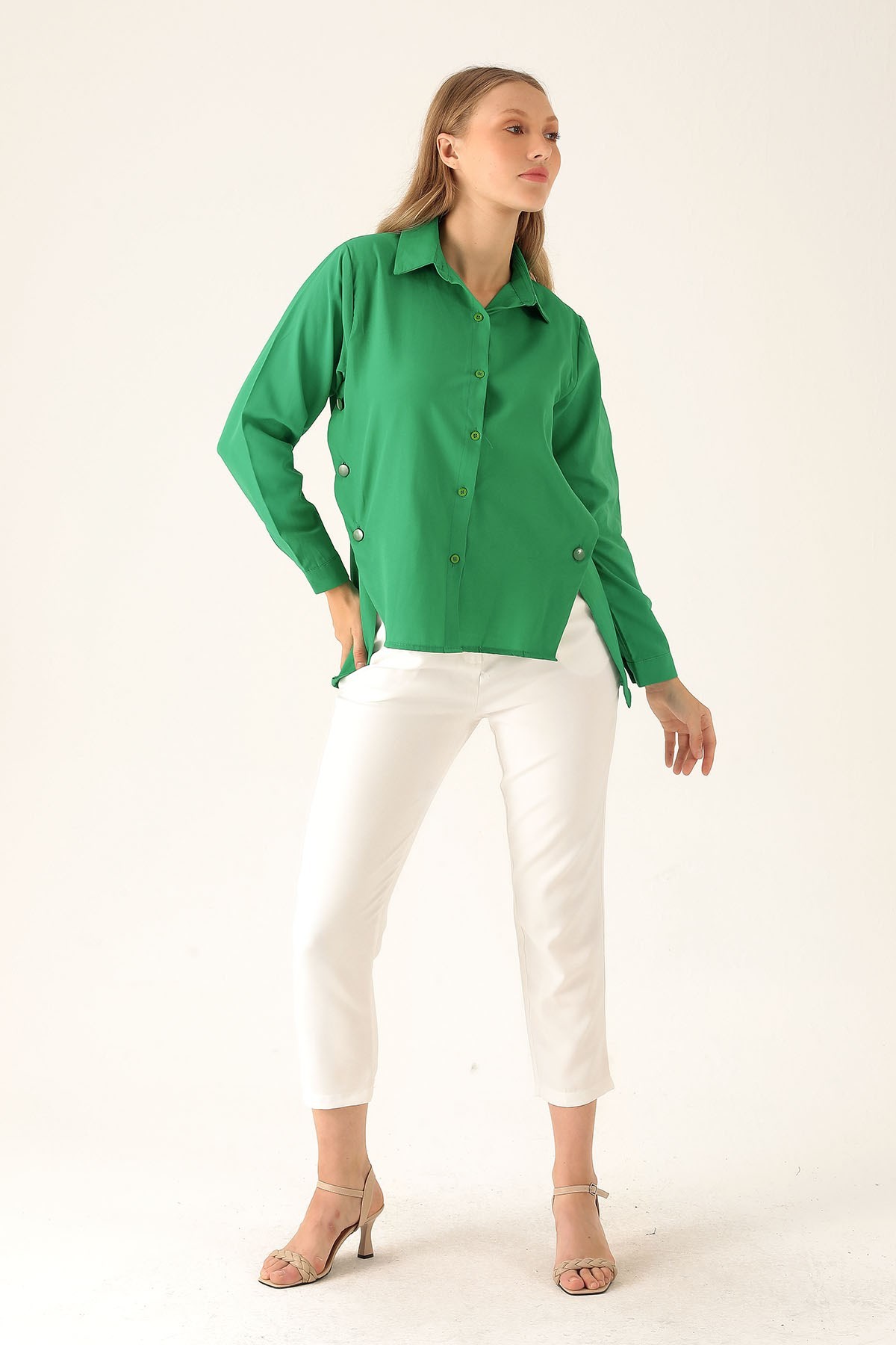 Yandan Çıtçıtlı Düğmeli Bayan Gömlek - 6508A Benetton Yeşili