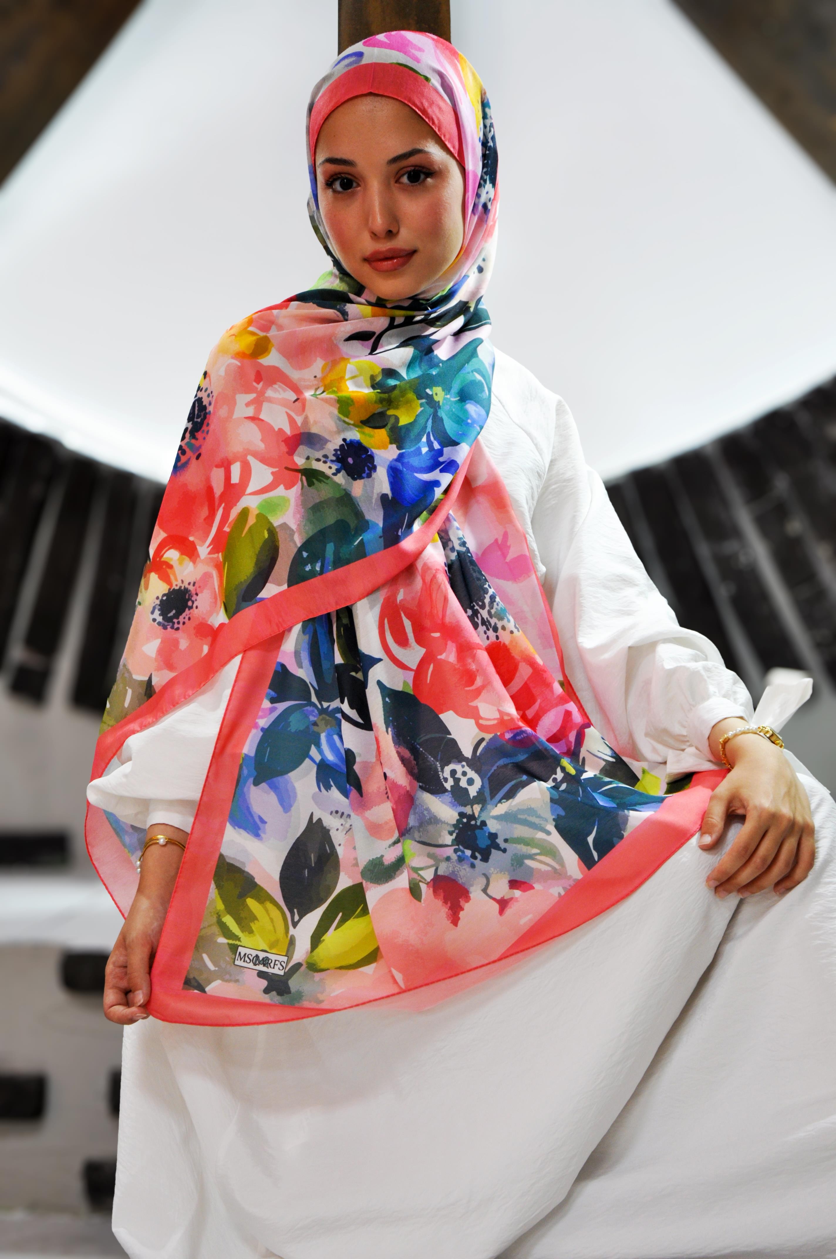 Orchid Desen Şal Şeftali Pembe