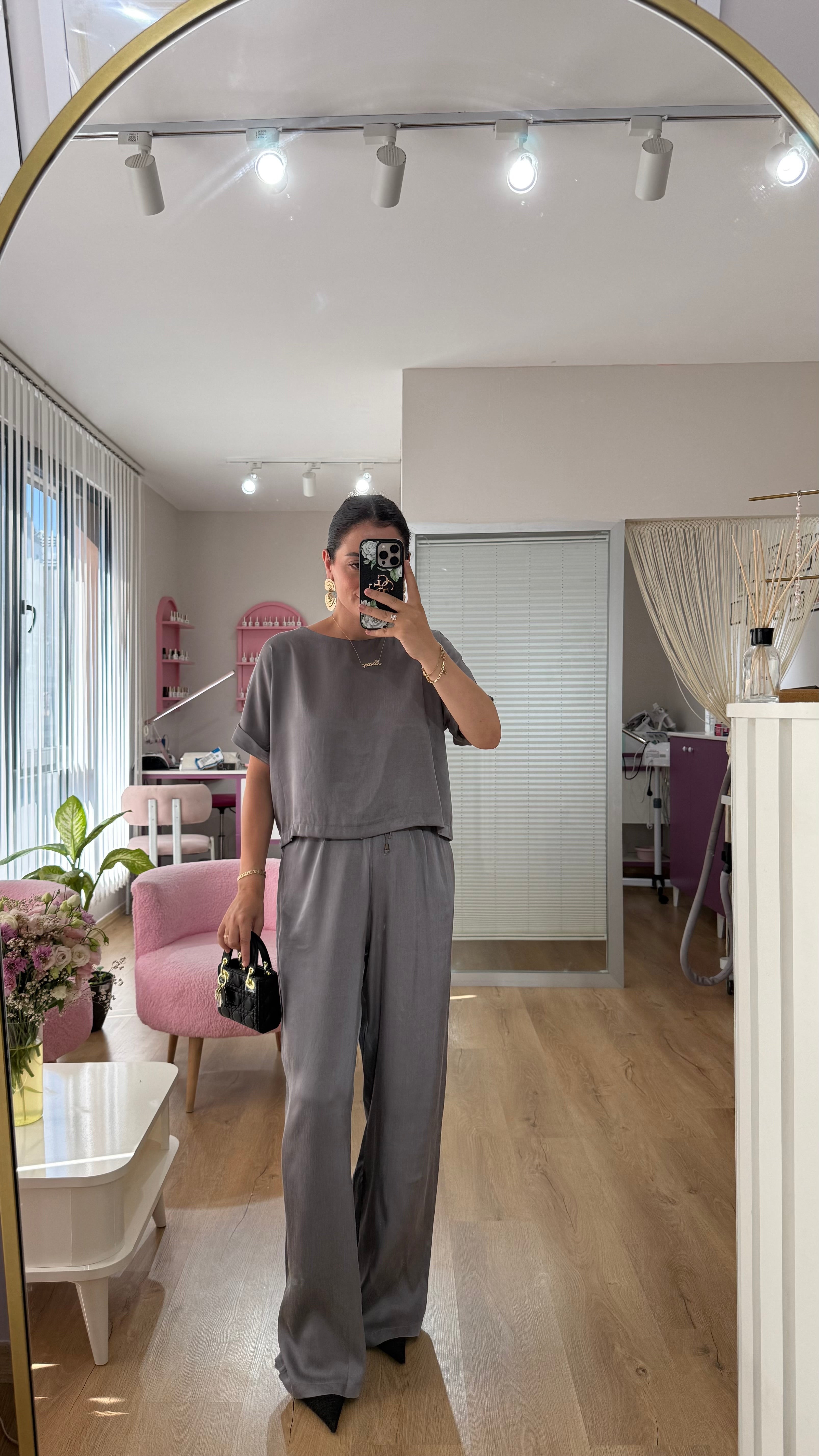 GRİ BLUZ PANTOLON DOKULU TAKIM