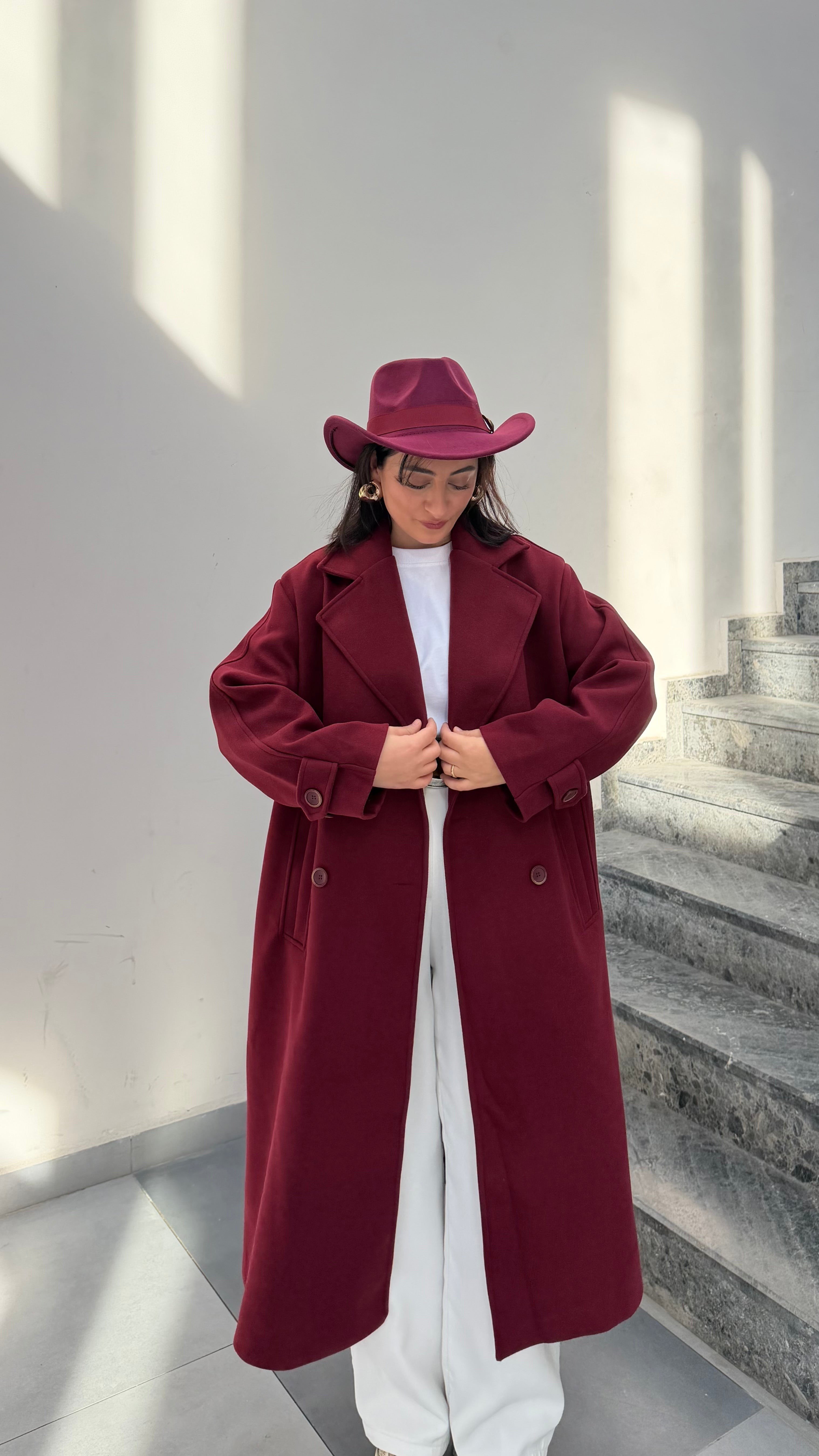Oversize  Kaşe Kaban-Bordo