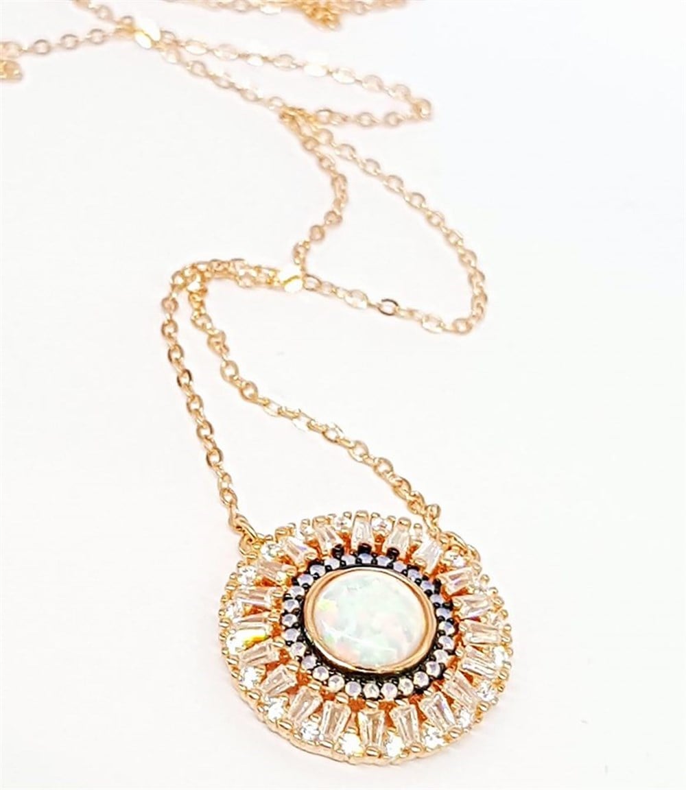  Opal Taşlı İtalyan Tasarımı Lüks Gümüş Rose Kolye