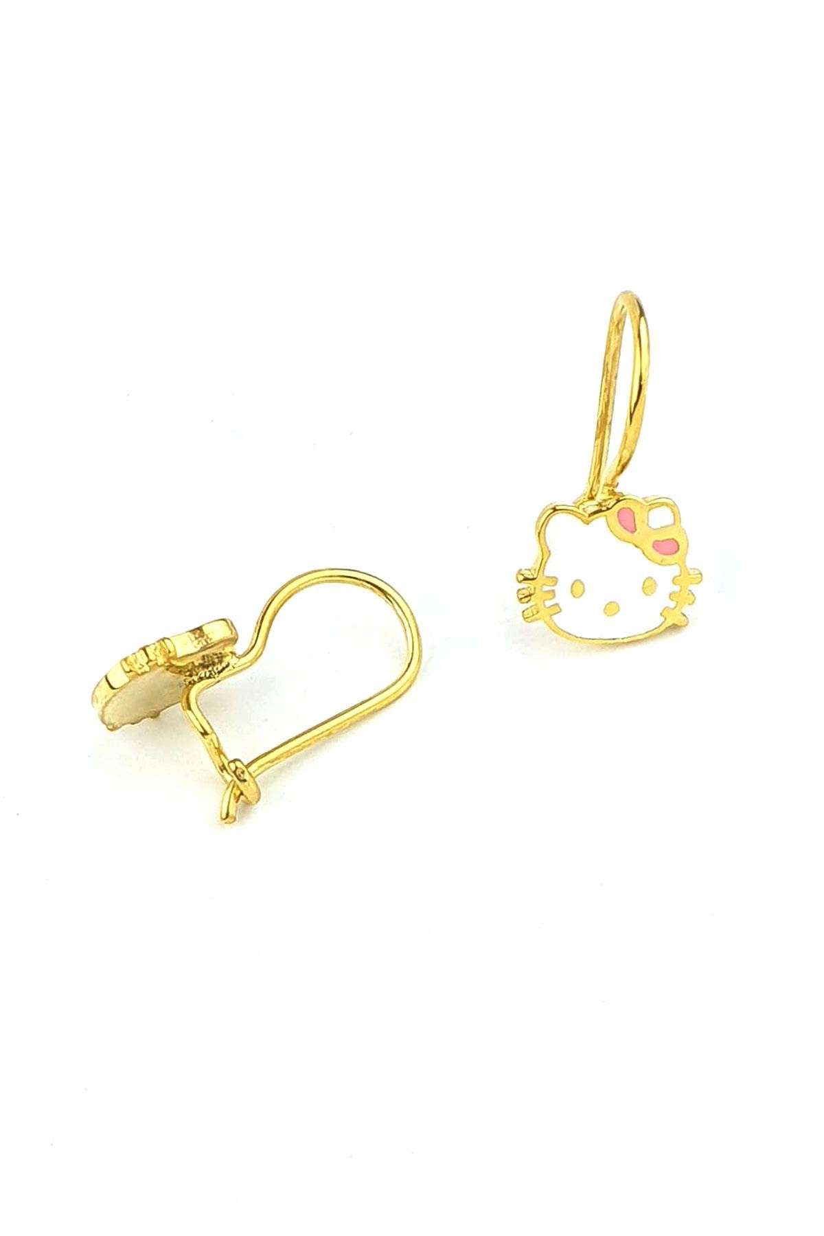 925ayar Gümüş Üzerine Altın Kaplama Mine İşçiliği Hello Kitty Çocuk Küpesi