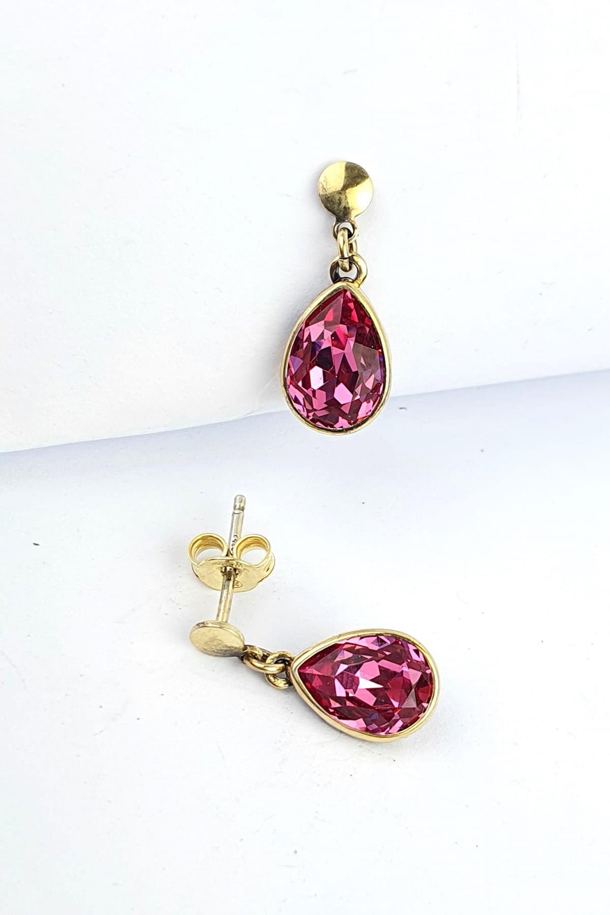 925ayar Gümüş Üzerine Altın Kaplama Pembe Swarovski taşlı Damla Küpe