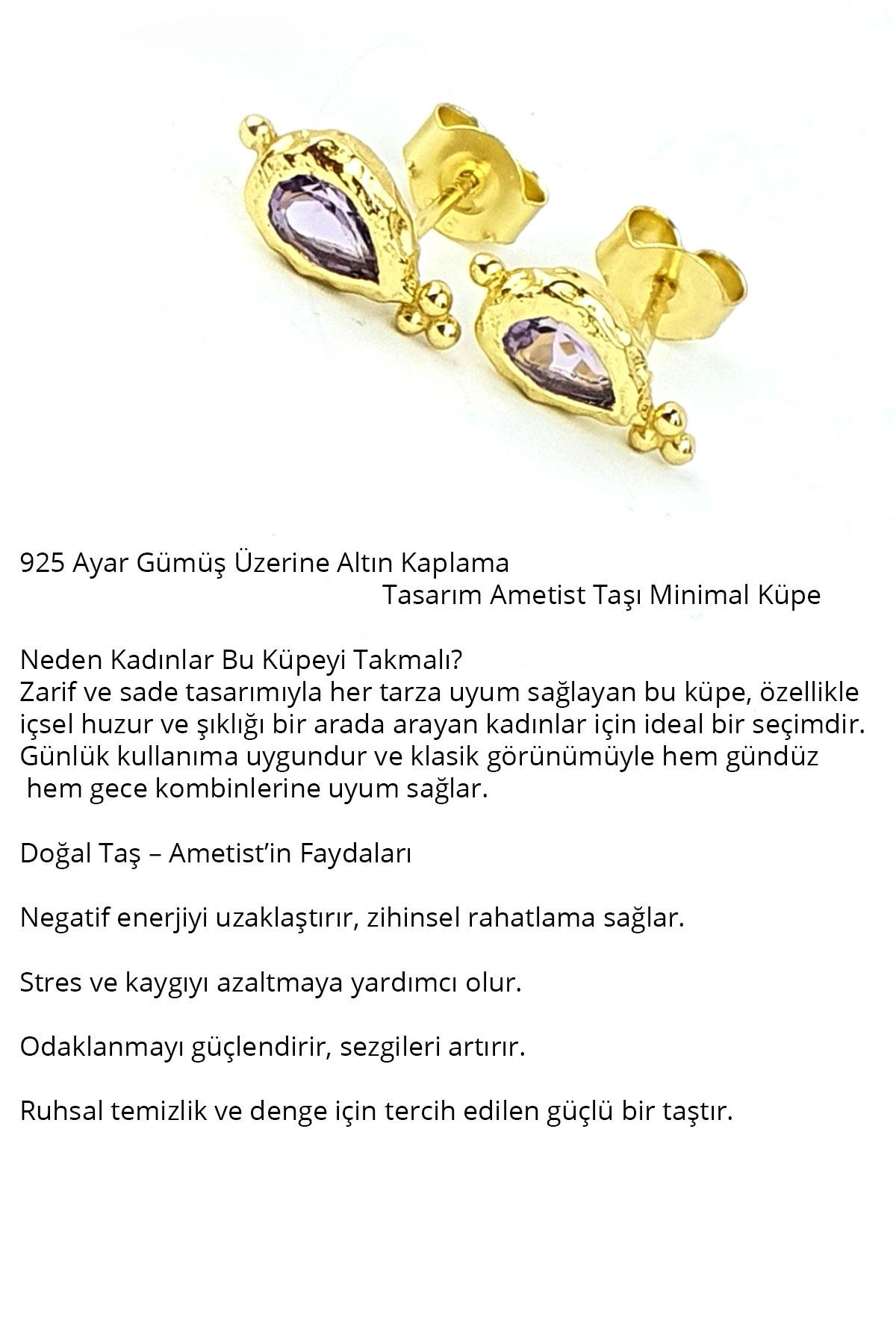 925ayar Gümüş Üzerine Altın Kaplama Tasarım Ametist Taşı Minimal Küpe 