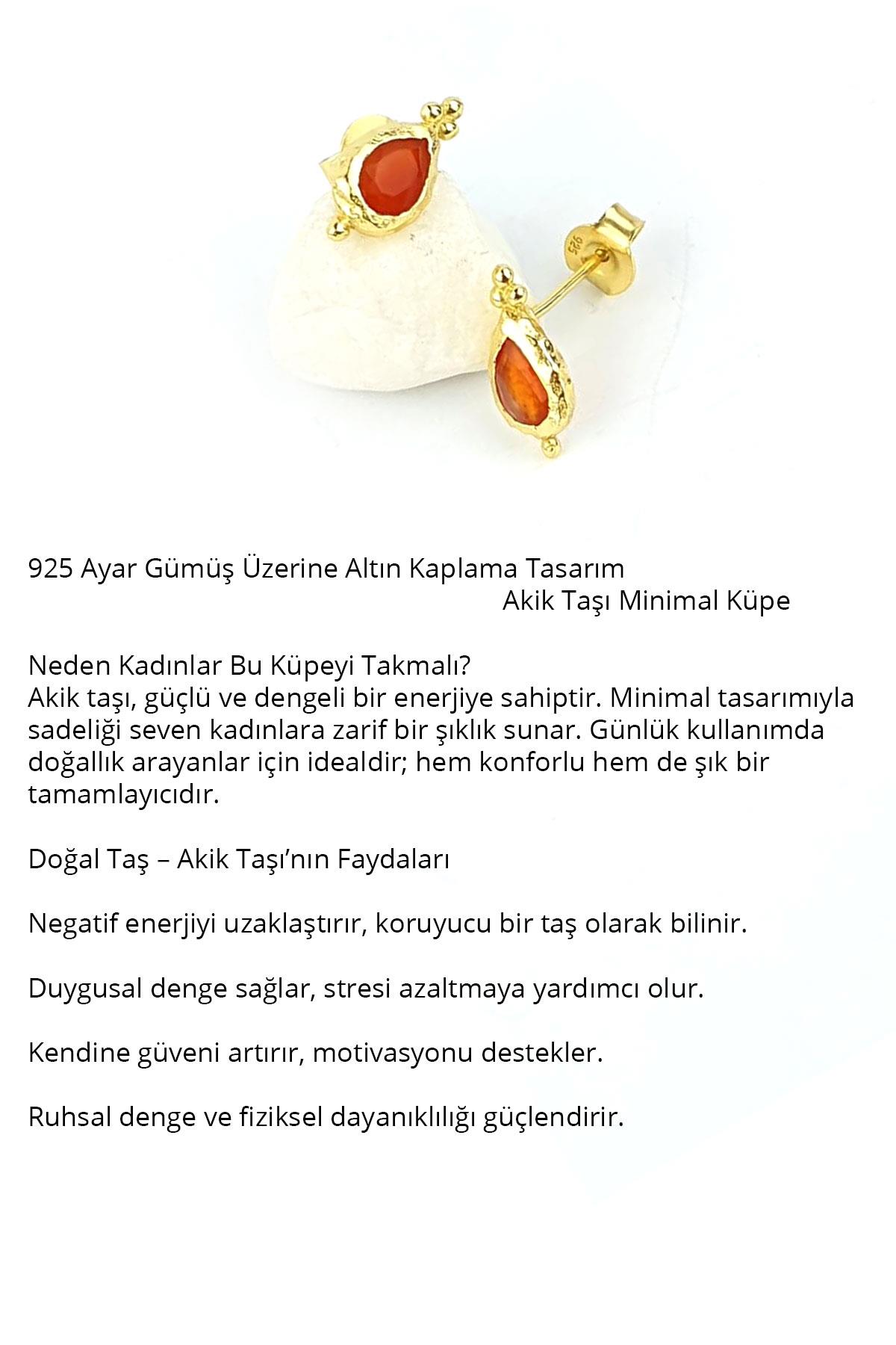 925ayar Gümüş Üzerine Altın Kaplama Tasarım Akik Taşı Minimal Küpe 