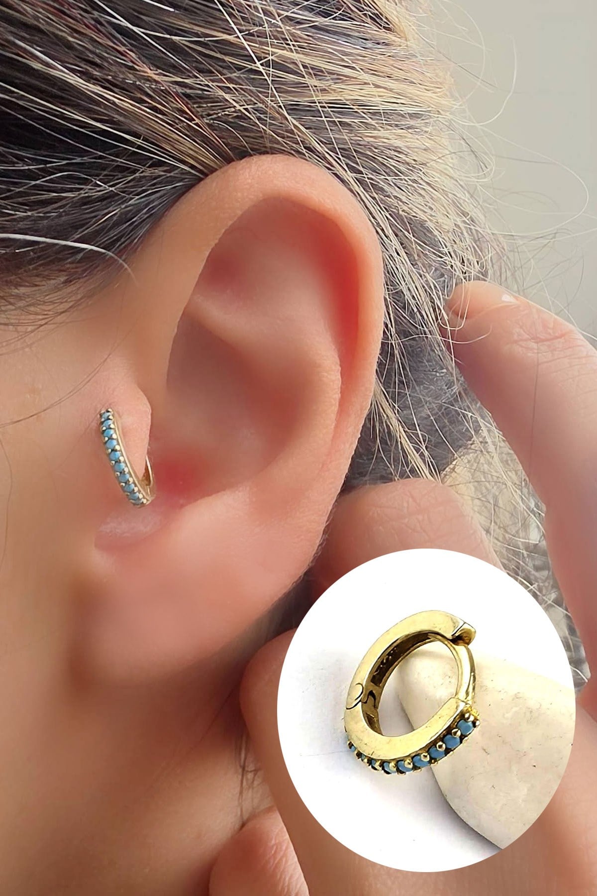 925ayar Gümüş Üzerine Altın Kaplama Turkuaz Taşlı Tragus Kıkırdak Helix Minimal Tek Halka Küpe