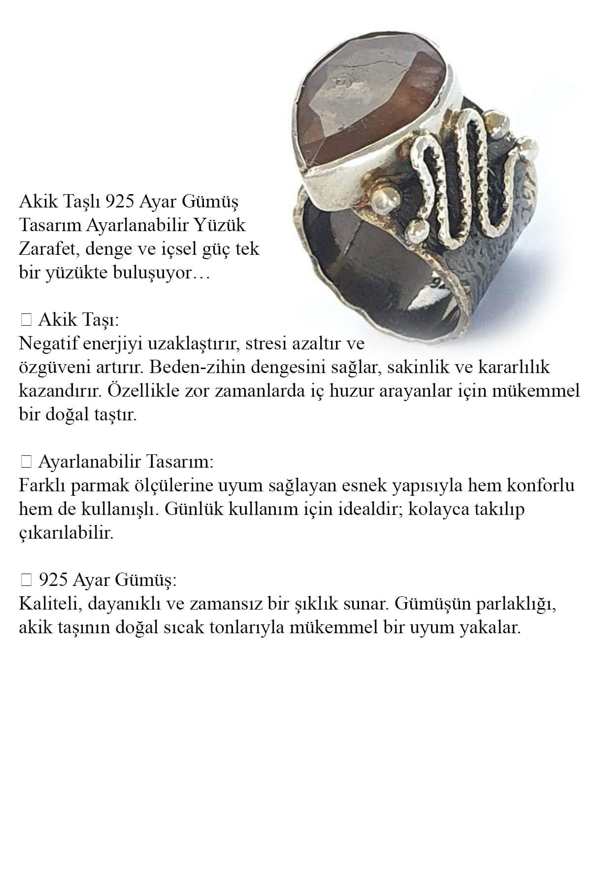 Akik taşlı 925ayar gümüş Tasarım Ayarlanabilir Yüzük 