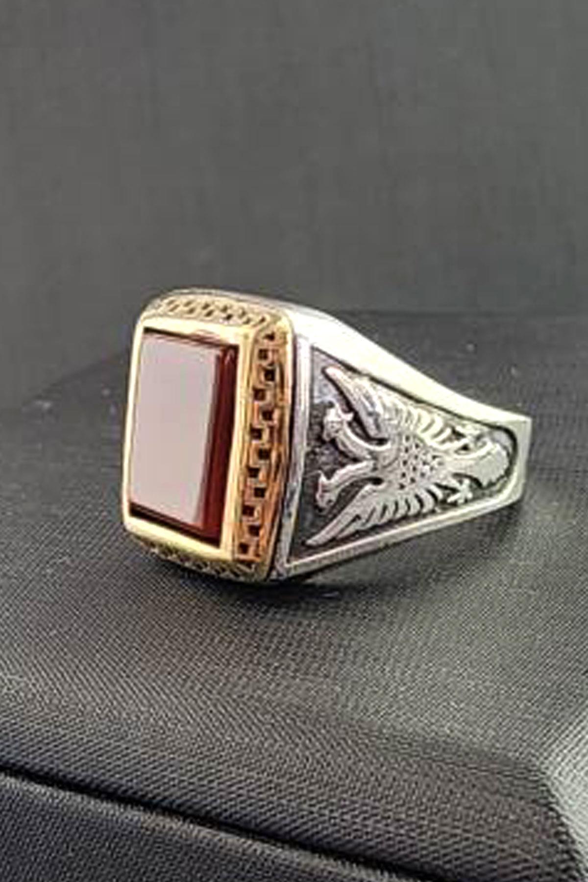 Akik Taşlı çift başlı kartal işlemeli gümüş erkek yüzük 