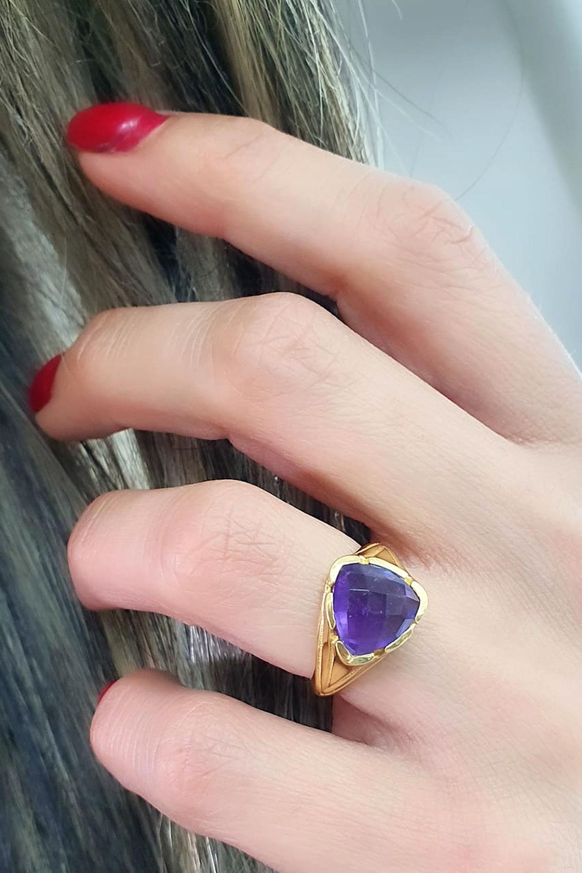 Ametist Taşlı 925ayar Gümüş Üzerine Altın Kaplama Tasarım Doğal Taş Yüzük 