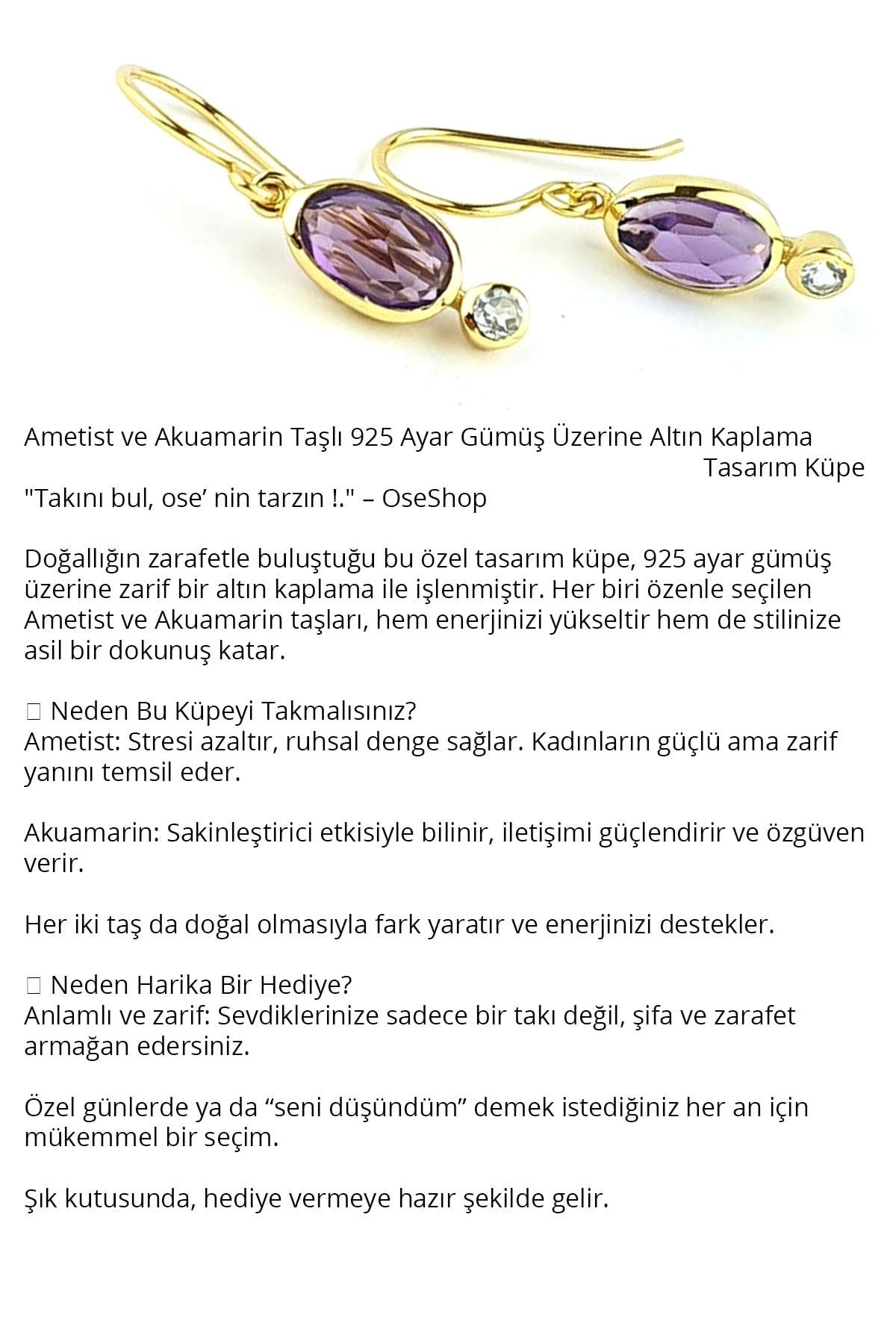 Ametist ve Aquamarin Taşlı 925 ayar Gümüş Üzerine Altın Kaplama Tasarım Küpe 
