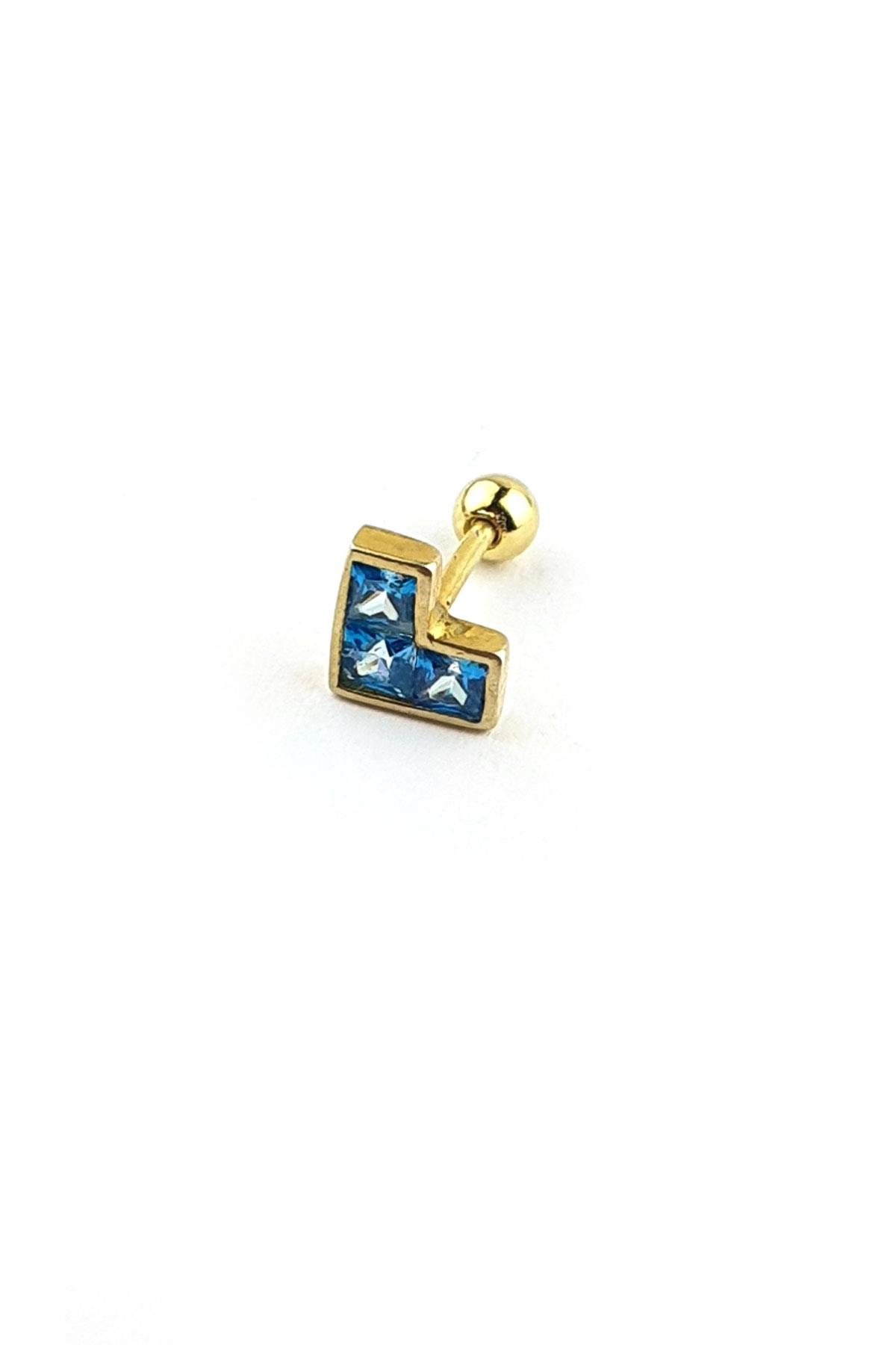 Aquamarin Taşlı Kalp figürlü 925ayar Gümüş Üzerine Altın Kaplama Luxury Tasarım Tragus Kıkırdak Piercing