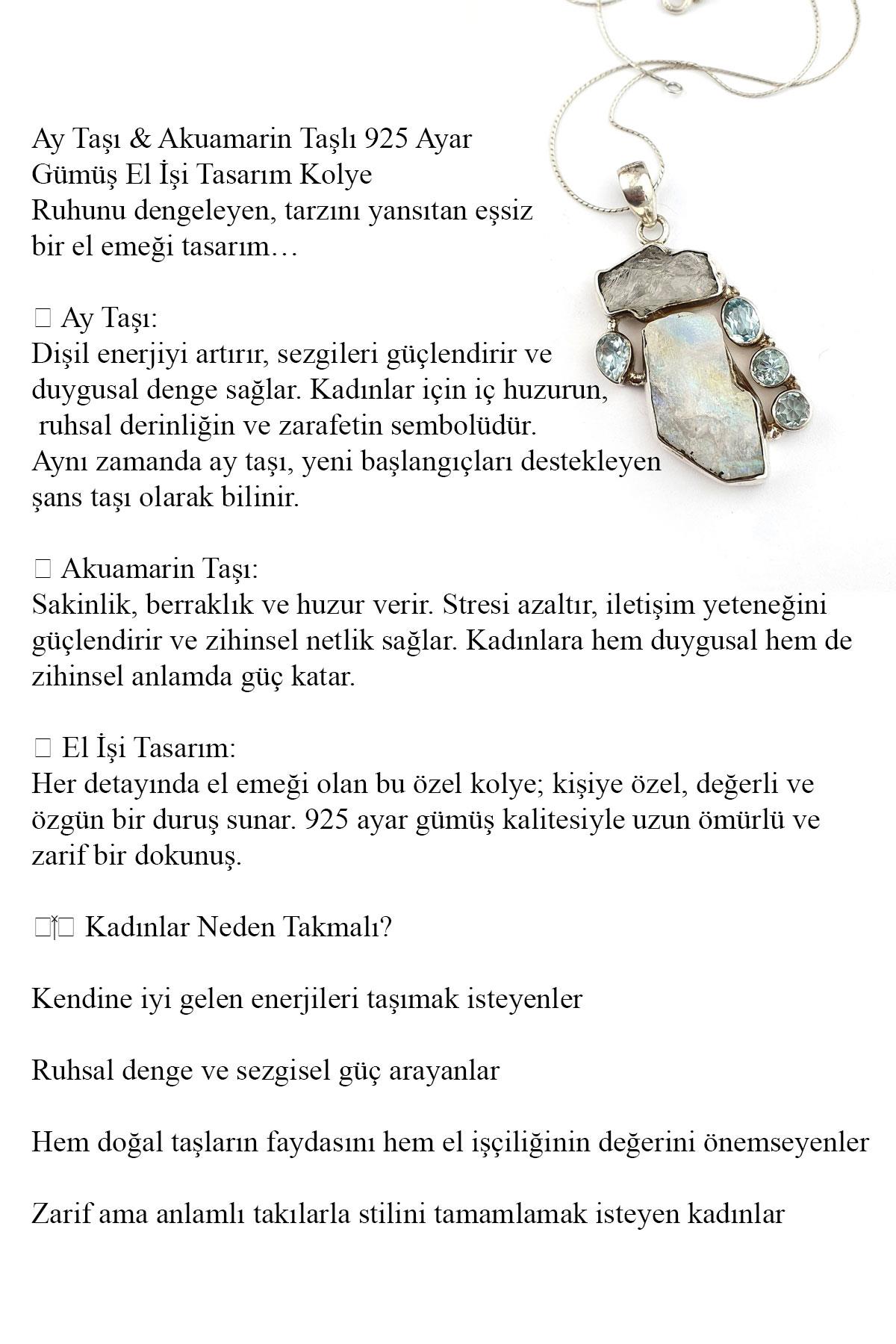 Ay taşı ve Aquamarin Taşlı 925ayar Gümüş Tasarım El İşi Kolye 