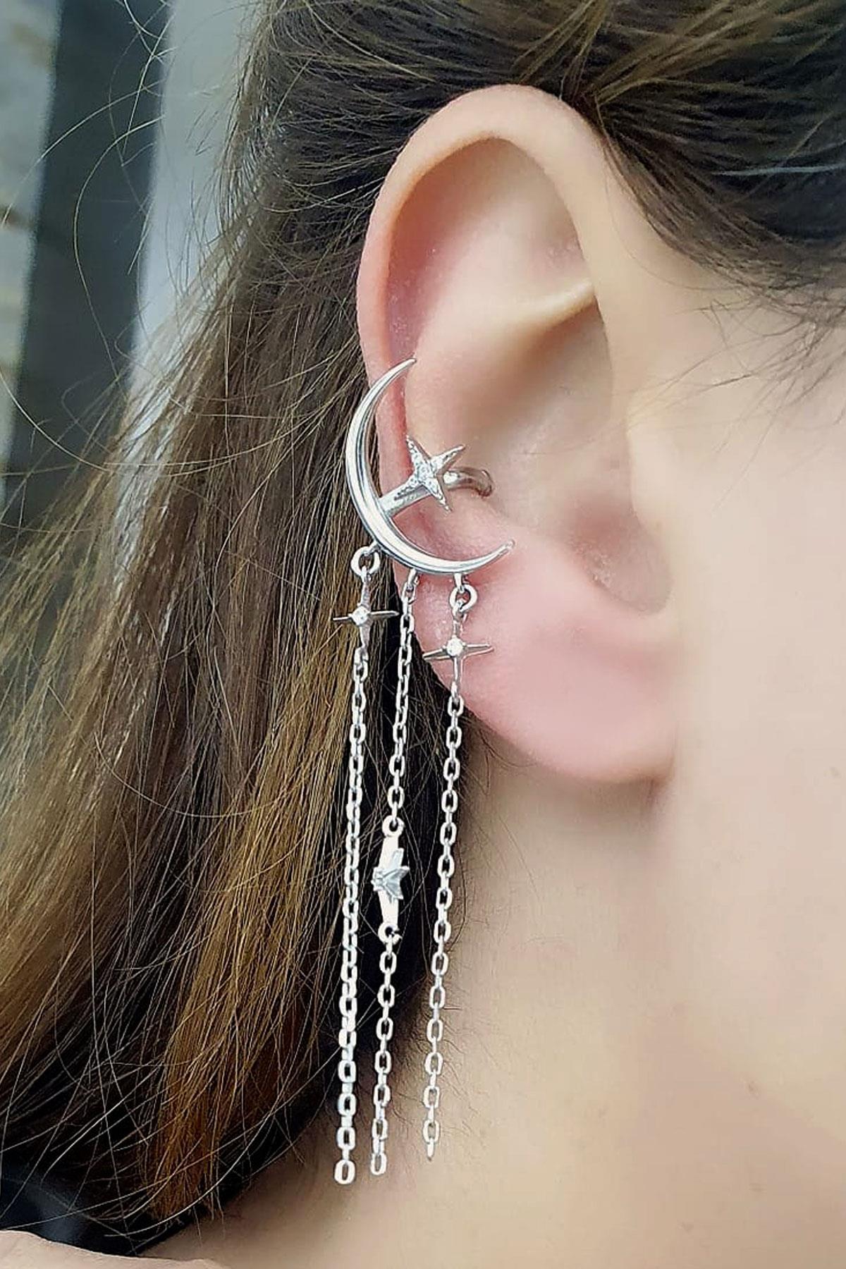 Ay Yıldız figürlü 925ayar gümüş Luxury Tasarım Sıkıştırmalı Earcuff Kıkırdak Küpe