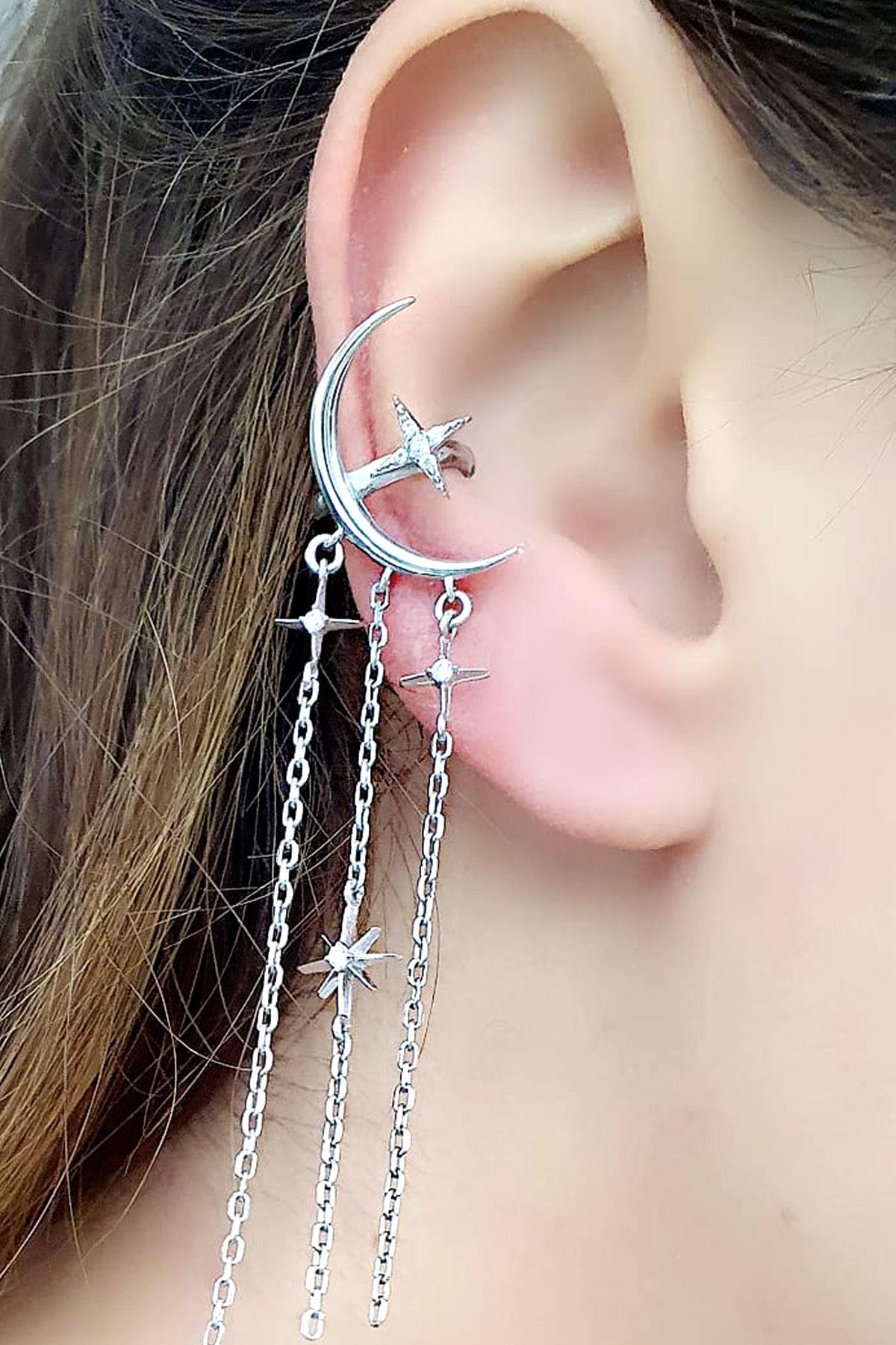 Ay Yıldız figürlü 925ayar gümüş Luxury Tasarım Sıkıştırmalı Earcuff Kıkırdak Küpe