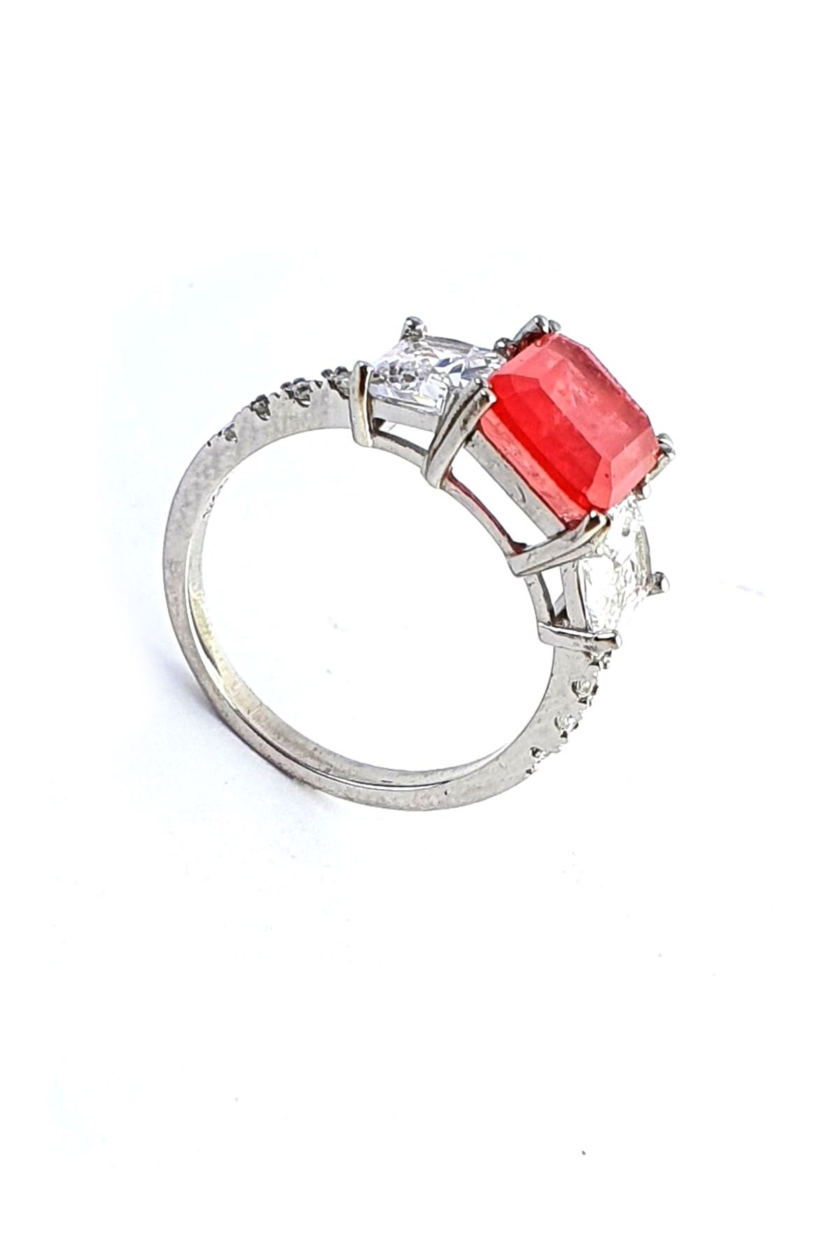 Baget Pembe Kristal Kuvars Taşlı Zirkon Taş Detaylı 925ayar Gümüş Tek Taş Yüzük - OSESHOP