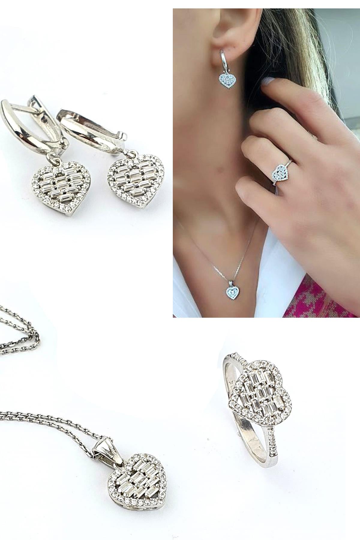 Baget Zirkon Taşlı 925 ayar Gümüş Kalp Set Takım