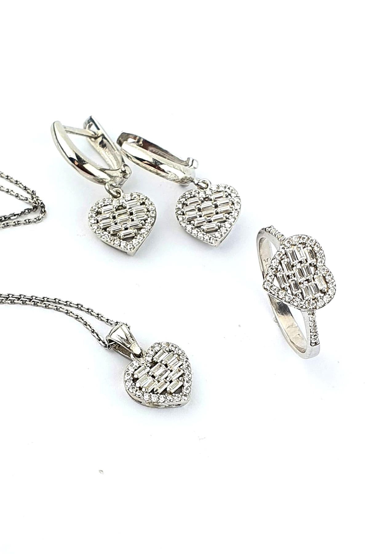 Baget Zirkon Taşlı 925 ayar Gümüş Kalp Set Takım