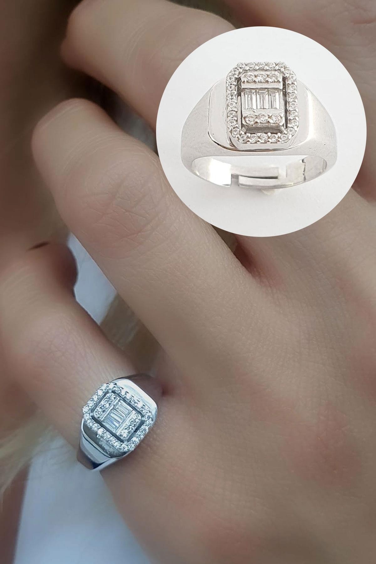 Baget Zirkon Taşlı 925ayar Gümüş Luxury Tasarım Ayarlanabilir Şovalye Yüzük