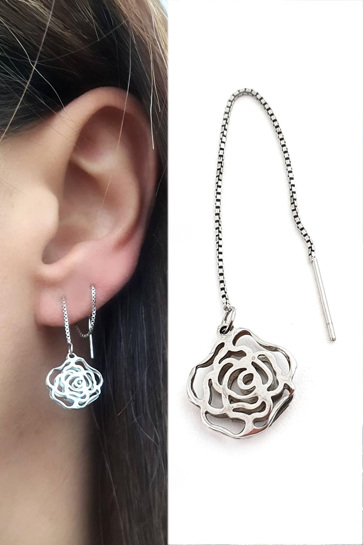 Baget Zirkon Taşlı 925ayar Gümüş Tasarım Zincir Tek küpe