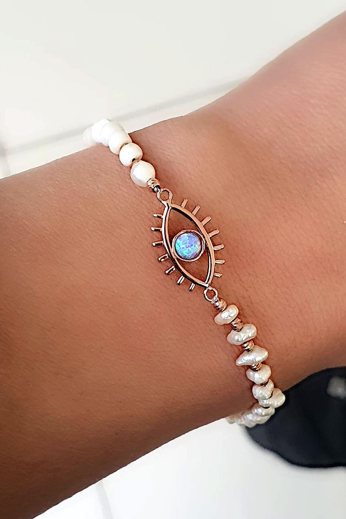 Barok İncili 925ayar Gümüş Rose Detaylı opal göz Bileklik