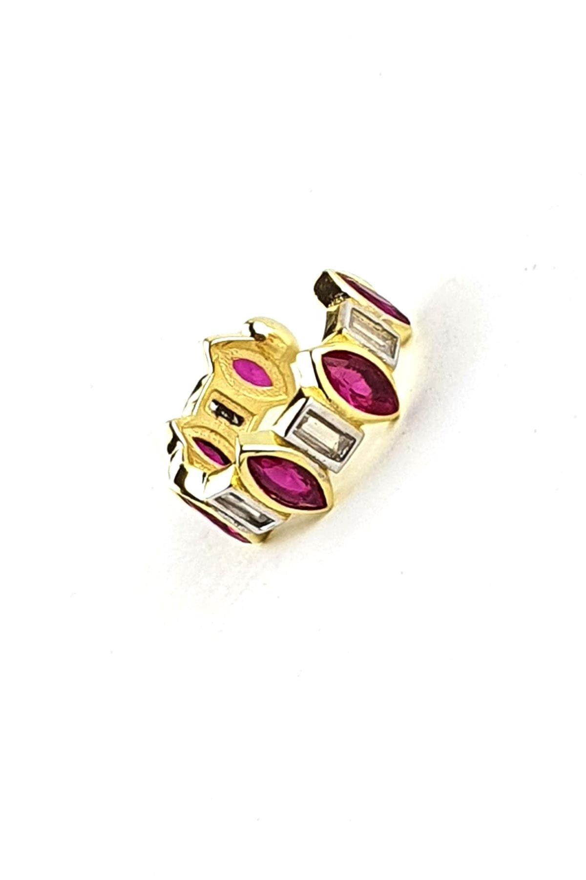 Bordo Zirkon Taşlı 925ayar Gümüş Üzerine Altın Kaplama Luxury Tasarım Sıkıştırmalı Kıkırdak Küpesi 