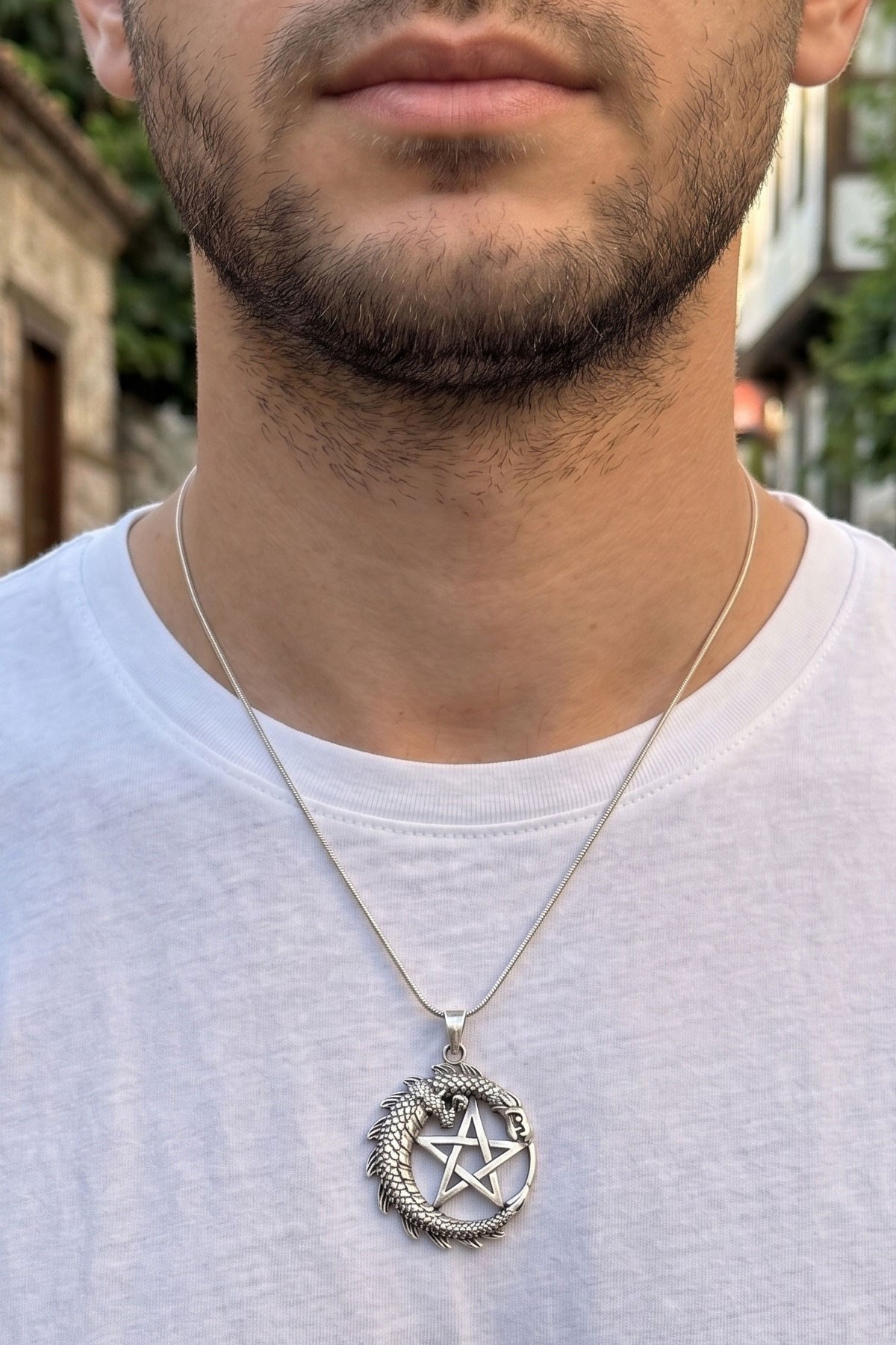 Ejderha ve pentagram figürlü 925 ayar Gümüş Tasarım kolye ucu