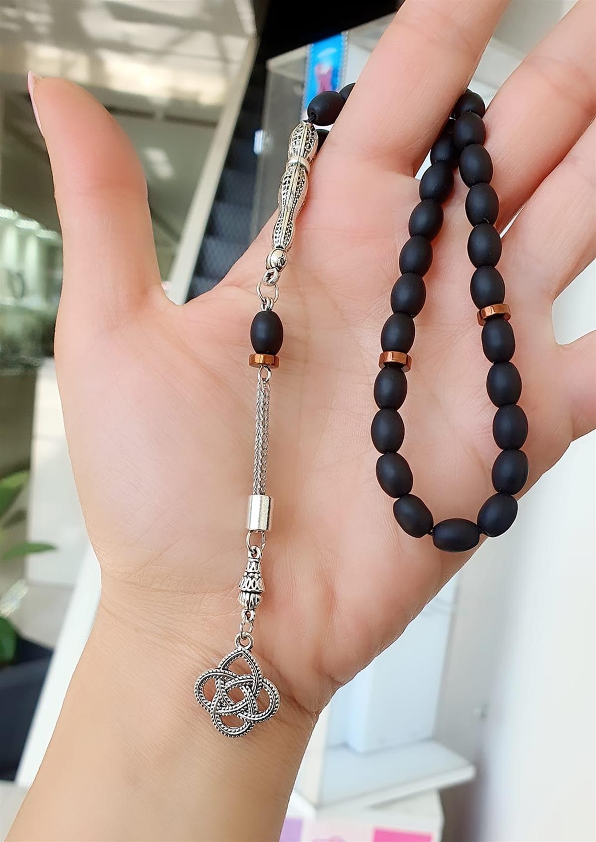 Hematit Taş Detaylı Mat Oniks Taşlı Çelik İmameli Tasarım Tesbih