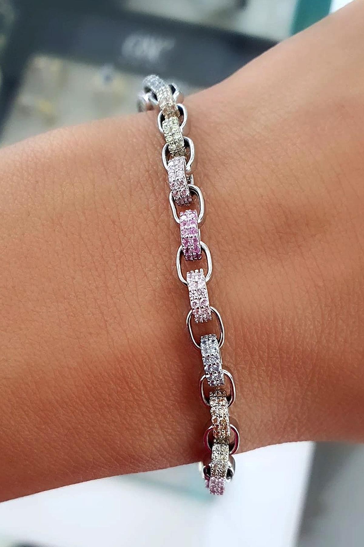 İtalyan tasarımı 925ayar gümüş Renkli Zirkon Taşlı Trend Bileklik