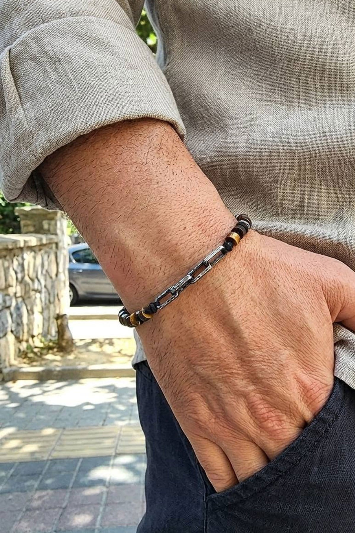 Kaplan Gözü Taşlı 925 ayar Gümüş Detaylı Özel Tasarım Erkek Bileklik