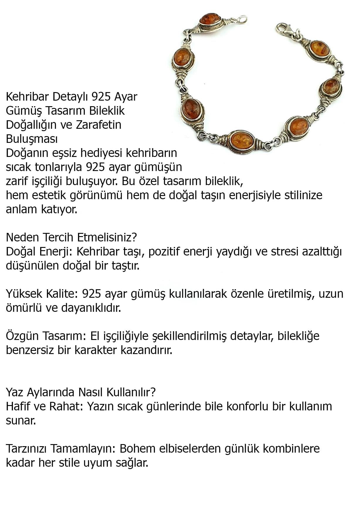 Kehribar Detaylı 925 ayar Gümüş Tasarım Bileklik 