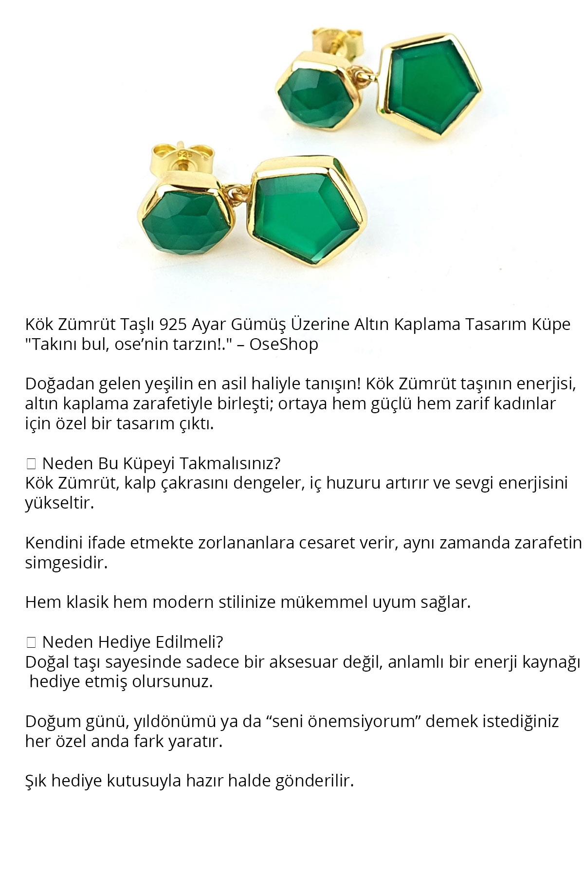 Kök zümrüt taşlı 925ayar gümüş üzerine altın kaplama tasarım küpe