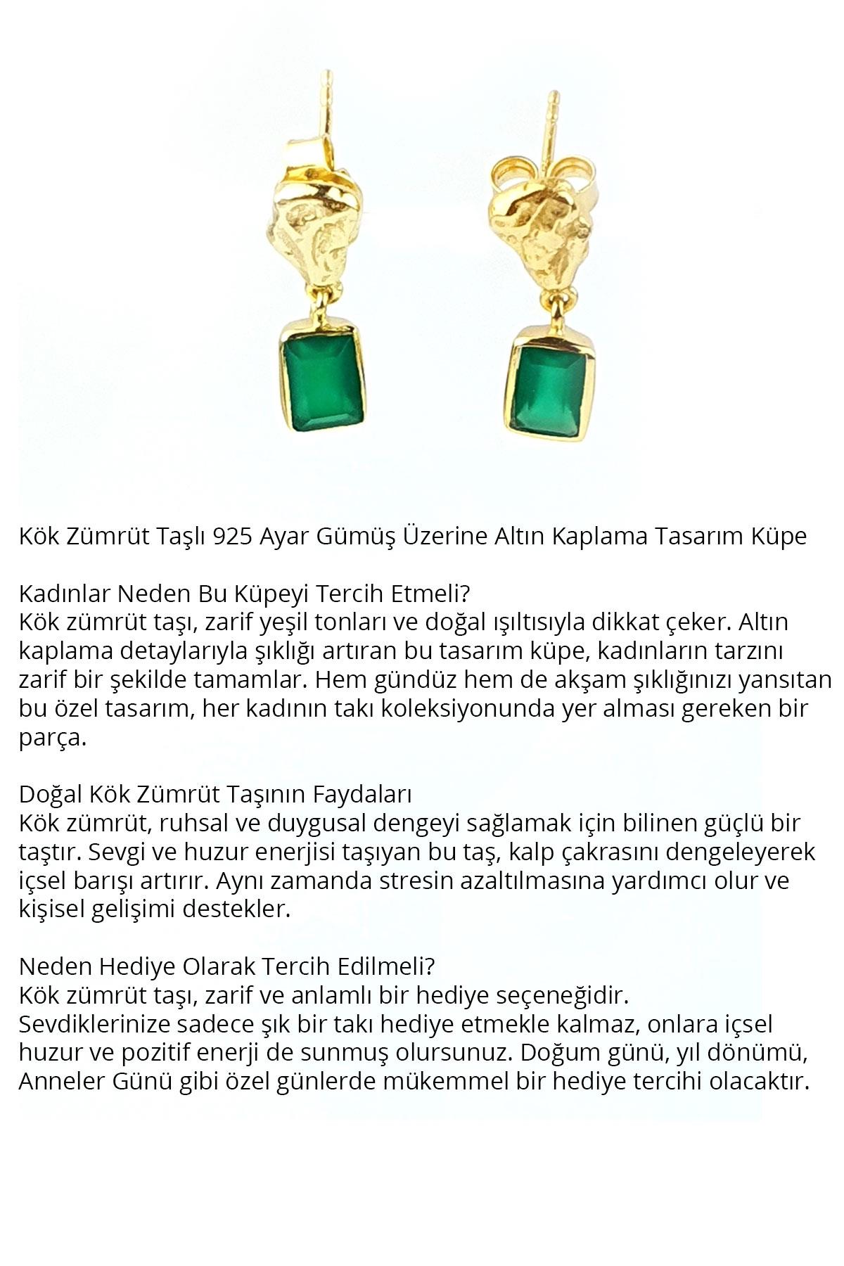 Kök zümrüt taşlı 925ayar gümüş üzerine altın kaplama tasarım küpe 