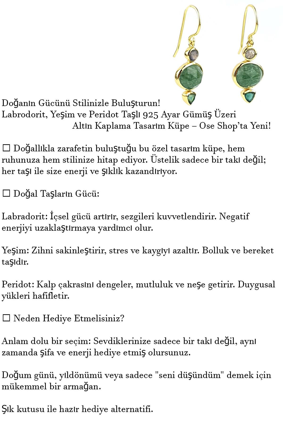 Labrodorite Yeşim ve peridot  Taşlı 925ayar Gümüş Üzerine Altın Kaplama Tasarım Küpe 