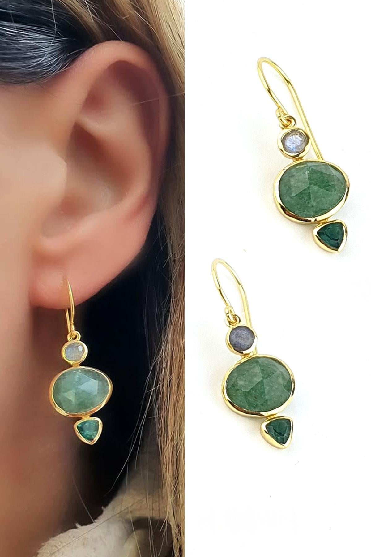 Labrodorite Yeşim ve peridot  Taşlı 925ayar Gümüş Üzerine Altın Kaplama Tasarım Küpe 