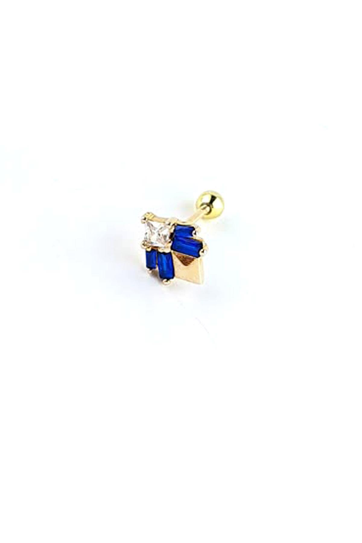 Lacivert Baget Zirkon taş Detaylı 925ayar gümüş Üzerine altın kaplama Luxury Tasarım Tragus Kıkırdak Helix Piercing
