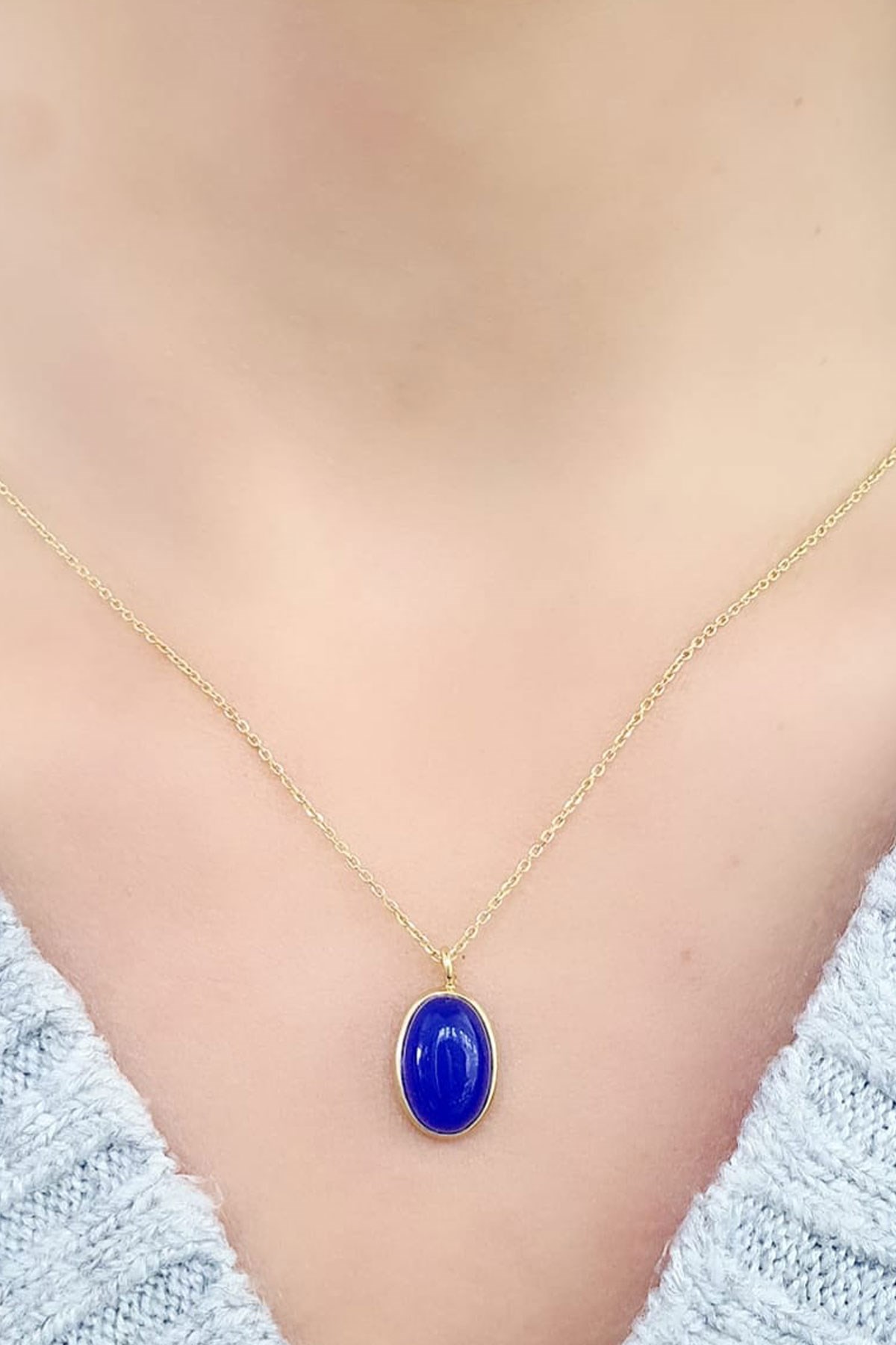 Lapis Lazuli Taşlı 925ayar Gümüş Üzerine Altın Kaplama Tasarım Oval Kolye