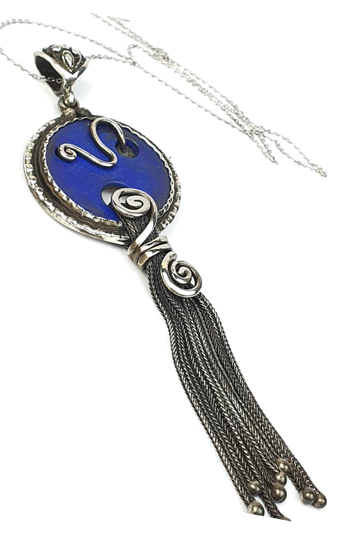 Lapis taşlı gümüş tasarım el işi kolye 