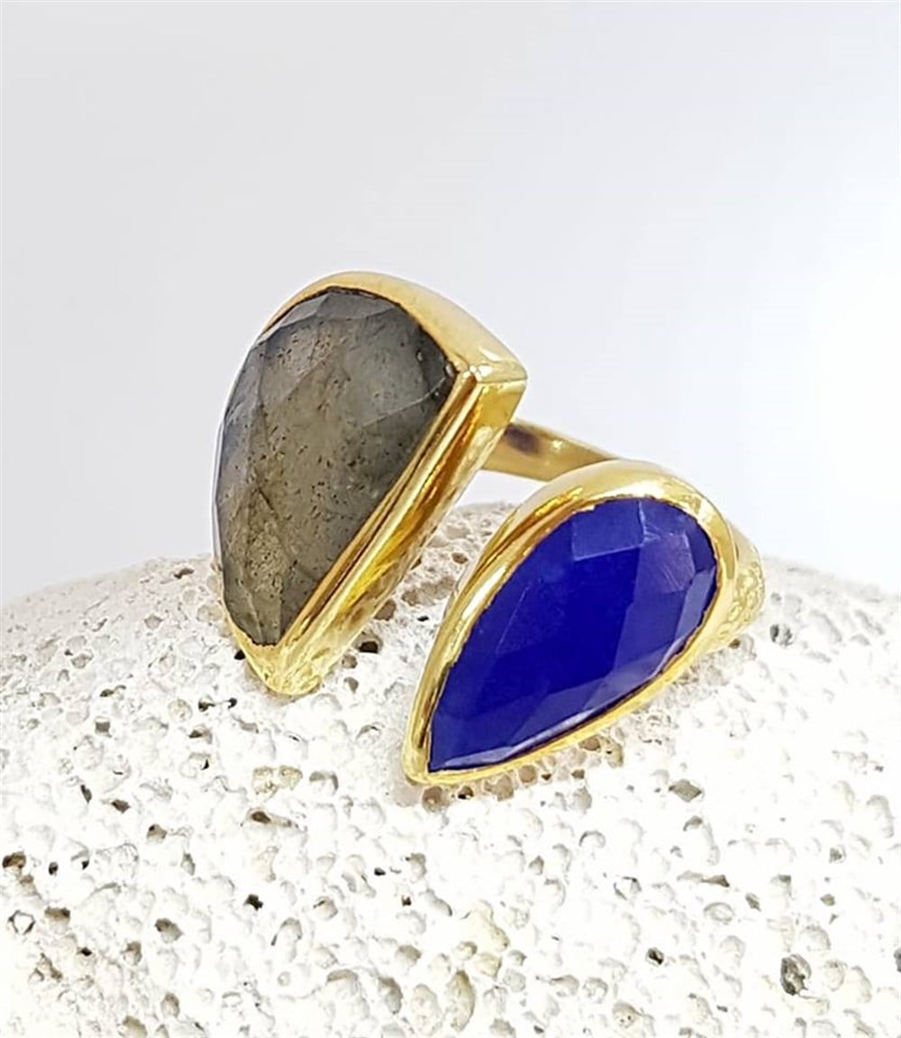Lapis ve Labrodorite Taşlı Tasarım Gümüş Yüzük 