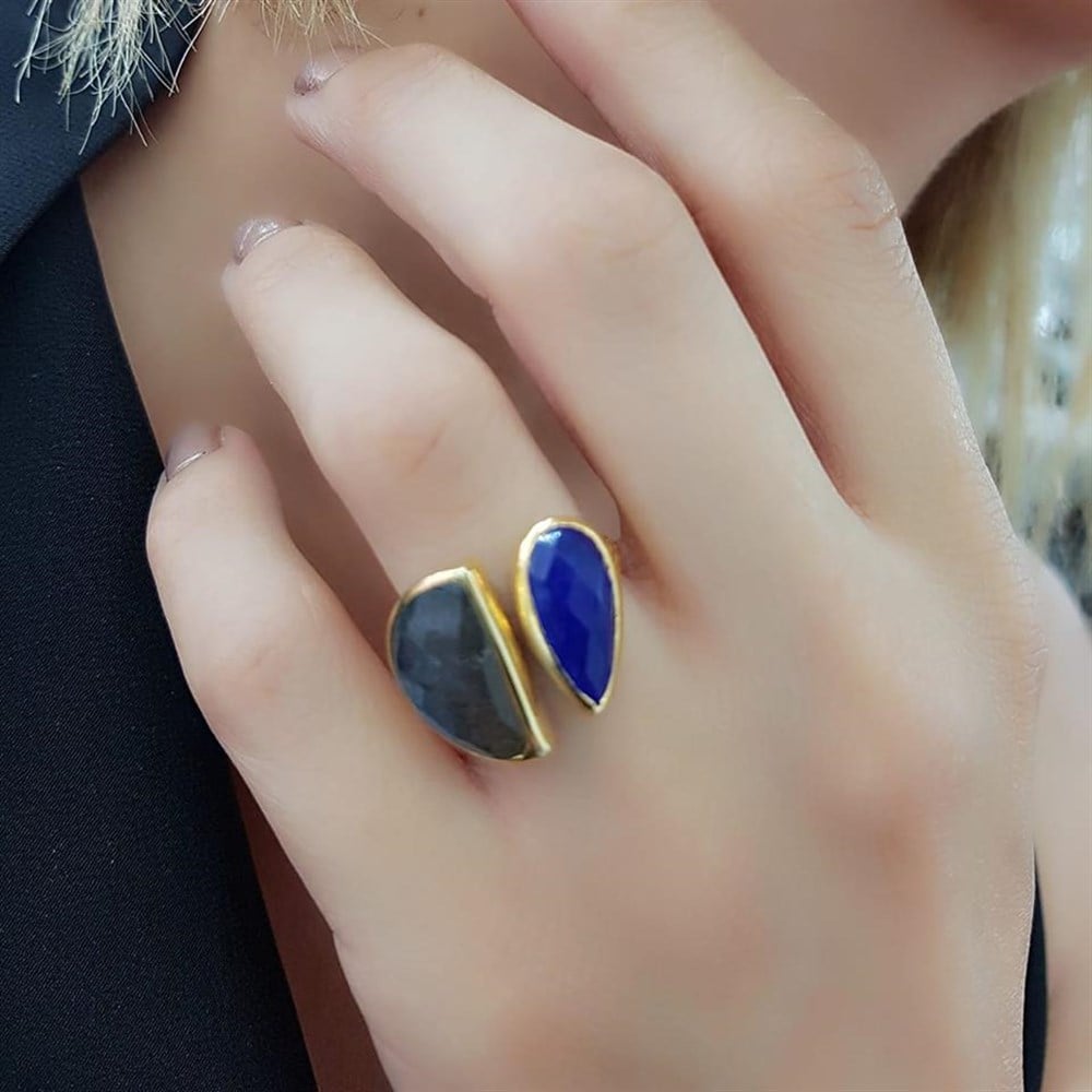 Lapis ve Labrodorite Taşlı Tasarım Gümüş Yüzük 
